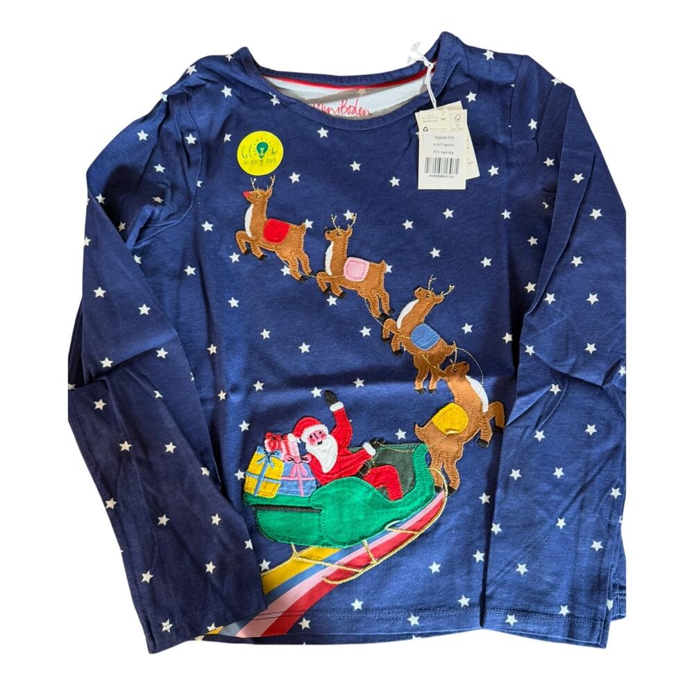 NEW Mini Boden blue santa sleigh glow in the dark applique Shirt size 11-12